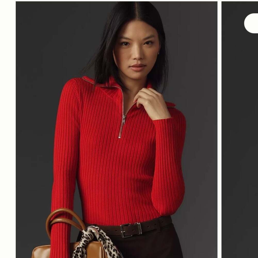 Maeve Anthropologie Red Ribbed Half-Zip Pullover Sweater Size L